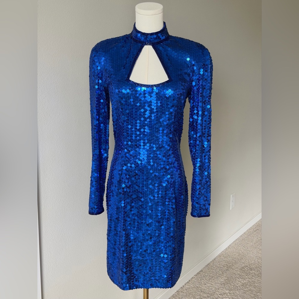 Niteline Blue Sequin Long Sleeve Keyhole Dress